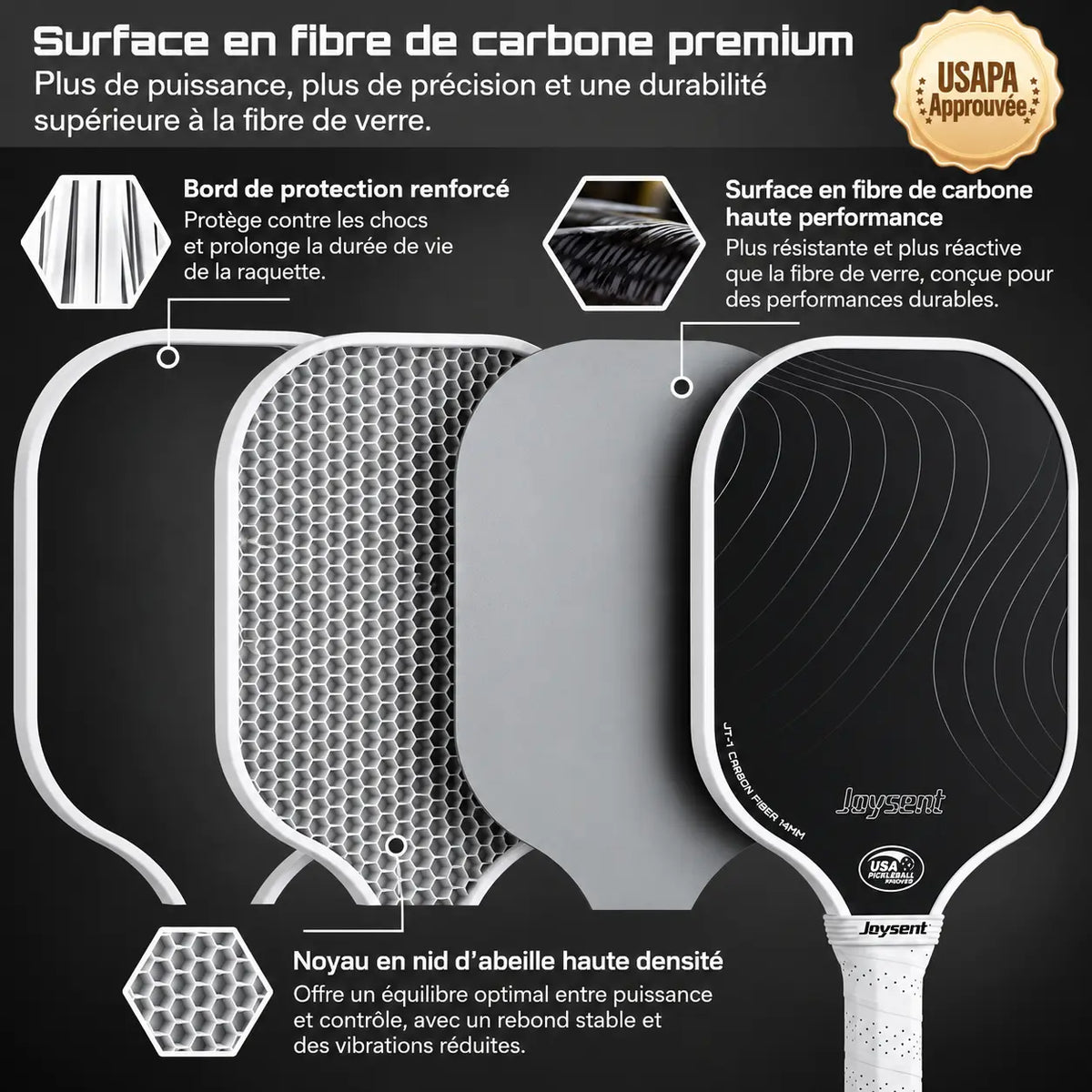 Raquette Pickleball T300 en carbone - Joysent Pickleline