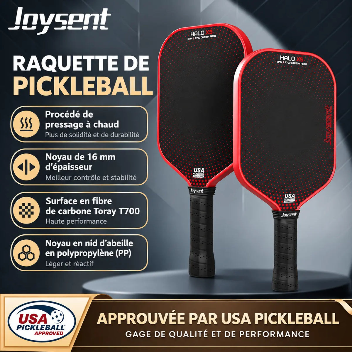 Raquette Pickleball Halo X5 T700 Carbone - Joysent Pickleline