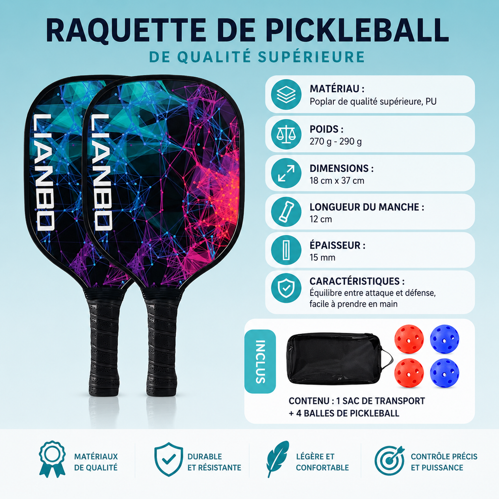 Set de Pickleball Junior LIANBO | 2 Raquettes Bois PU, 4 Balles et Sac