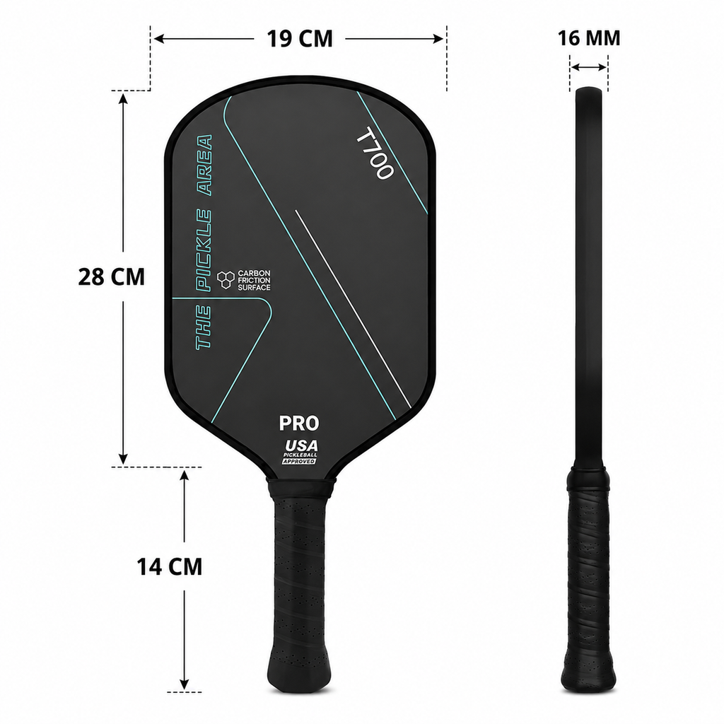 Dimensions pour Raquette de pickleball The Pickle Area T700 PRO surface carbone, coloris noir, homologuée USA Pickleball