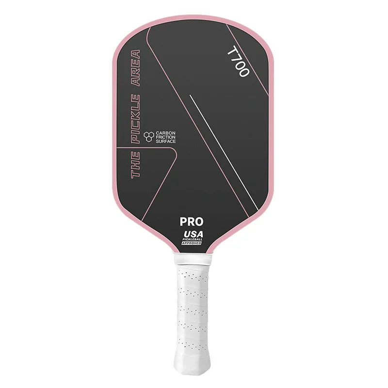 Raquette de pickleball The Pickle Area T700 PRO surface carbone, coloris rose clair, homologuée USA Pickleball